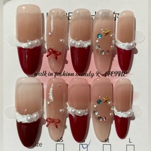 [S] 💅10Pcs Wearable Press on Nails Long French Almond Pearls Festive Christmas